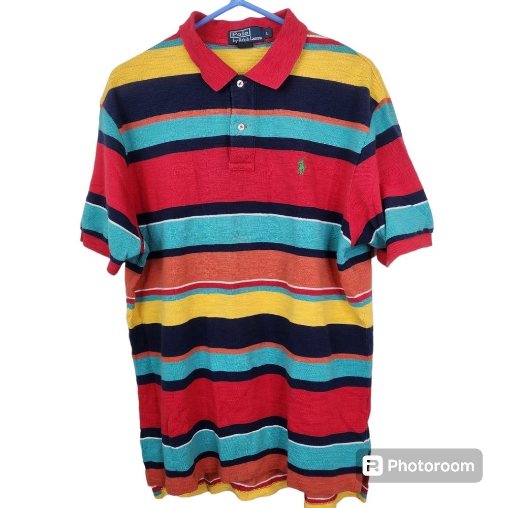 VTG Y2K Polo Ralph Lauren Mens Multicolor Striped Short Sleeve Polo Size Large